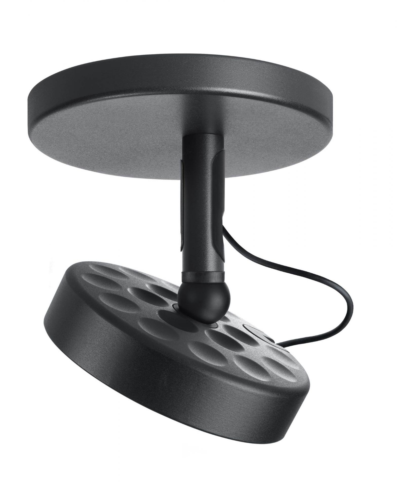 Schwarze Belux U-Turn Deckenleuchte mit drehbarem Leuchtenkopf und runder Deckenhalterung für flexible Beleuchtung im Wohnraum.